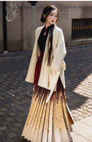 Lunar Spring River – Red Hanfu Maxi Skirt Set, New Chinese Style 6-Meter Hem Mamian Skirt with Knit Top & Wool Coat - Yandan_Hanfu