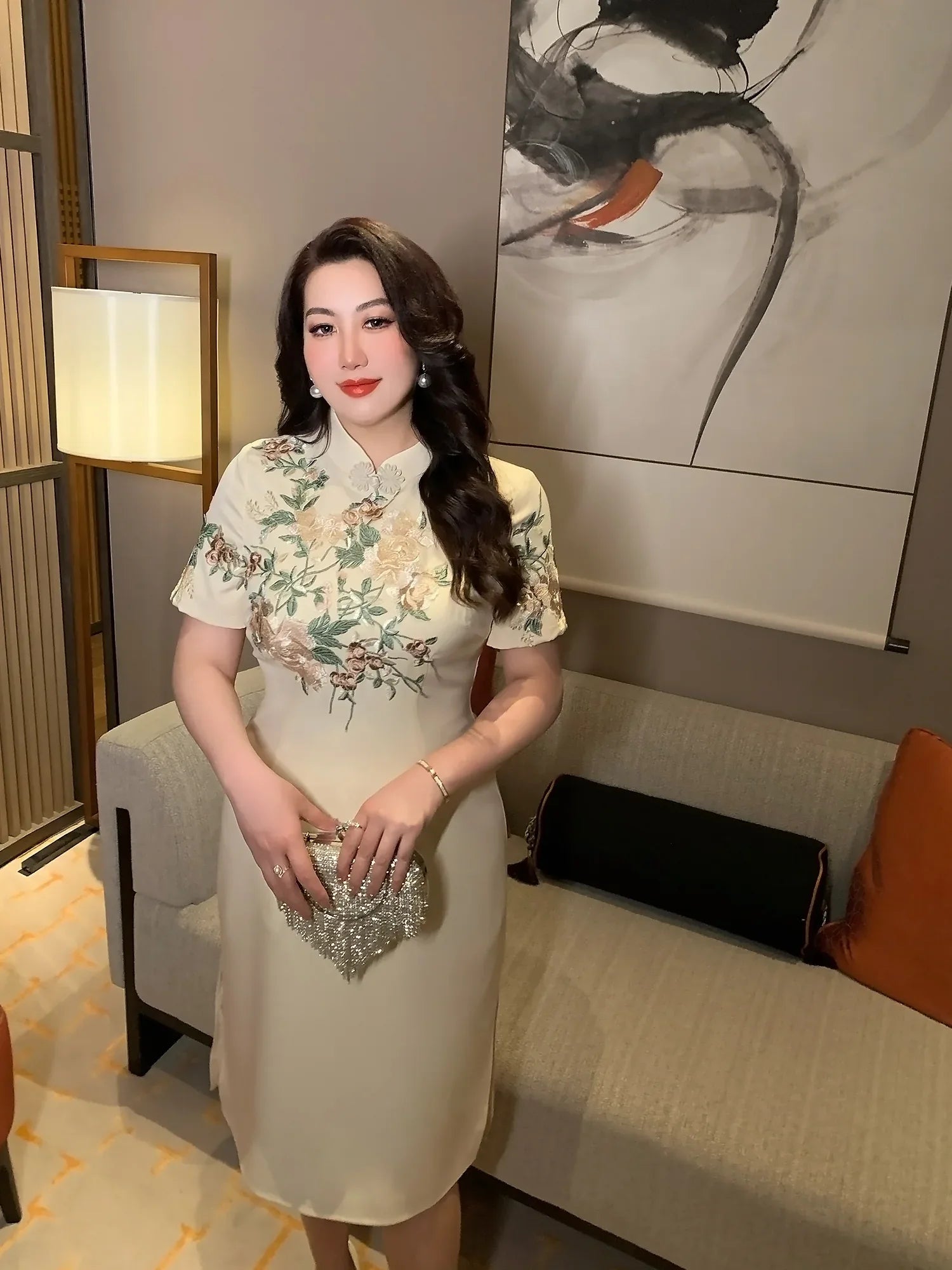 New Chinese style champagne embroidered plus size long cheongsam/qipao skirt - Yandan_Hanfu