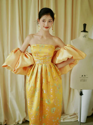 "Yunjing" yellow jacquard pregnant woman cheongsam bride toast dress - Yandan_Hanfu