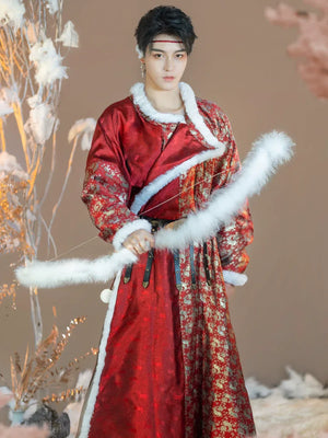 “First Dawn” – Warming Fur-Lined Tang Dynasty Robe | Gold Brocade New Year Edition (Unisex) - Yandan_Hanfu