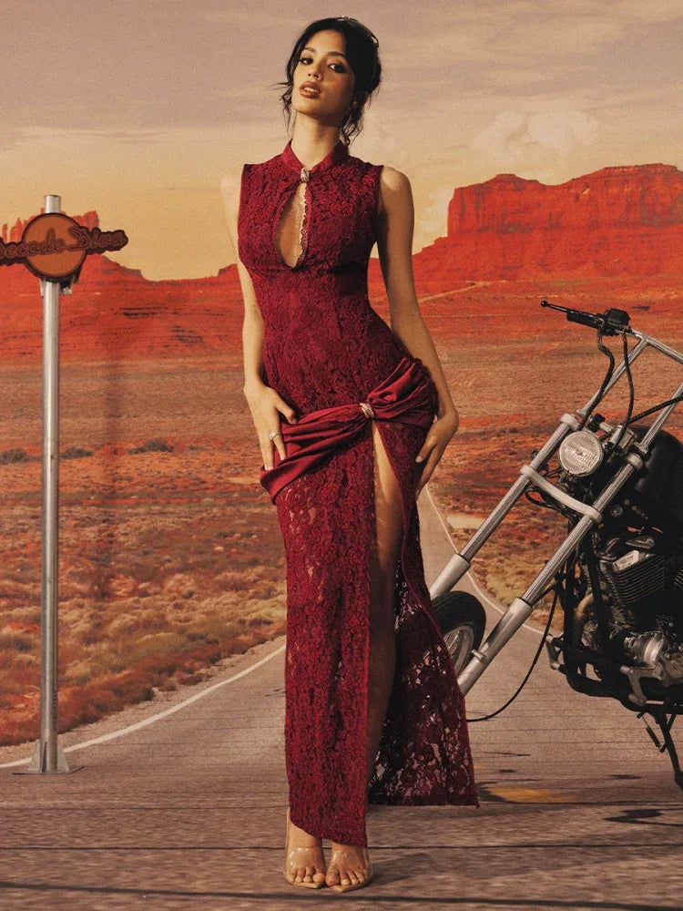 【Rebellious】 Red dress new Chinese cheongsam lace dress waist split stand-up collar Spice girl dress - Yandan_Hanfu