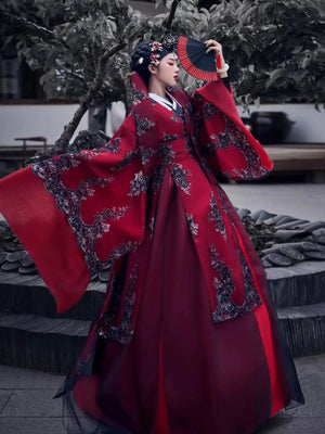 Red princess hanbok wedding dress for women – modern Korean palace-style traditional bridal gown with flowing skirt, ideal for photoshoots, events, and cultural ceremonies