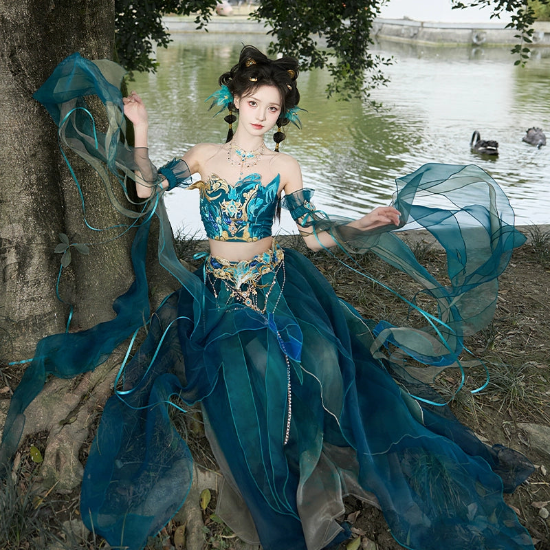 Blue Hanfu cosplay dress with butterfly-inspired design, featuring ornate gold details and ethereal fabric for fantasy styling.