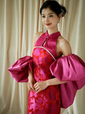 "Chuni" dragon fruit color jacquard cheongsam bride - Yandan_Hanfu