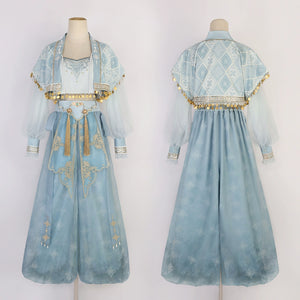 Front and back mannequin display of blue Hanfu Princess Jasmine suit by 【Cloud Traveler】, showcasing full ethnic ensemble.