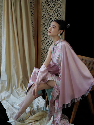 "Pink Bell" Pink Jacquard Bell Cheongsam/Qipao Shawl Bridal Dress - Yandan_Hanfu