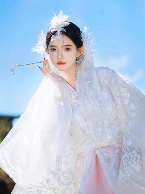 Graceful White&Pink hanbok Korean dress with ornate detailing, designed for women’s high-end court dress and stage performances.