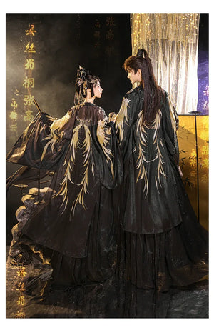 Black&Gold Tang-Style Hanfu Couple Set – Traditional Chinese Outfit with Wide-Sleeve Robe & Printed Hezi Skirt - Yandan_Hanfu