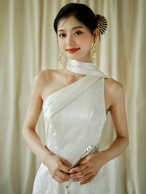 "Pianrou" White Jacquard Ribbon Morning Gown Knot Bridal Toast Dress Engagement Banquet Bar Mitzvah - Yandan_Hanfu
