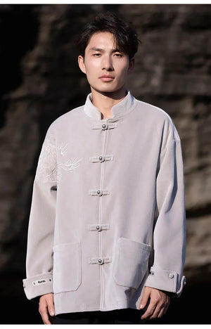 New Chinese Tang style men's button top autumn and winter coat golden velvet - Yandan_Hanfu