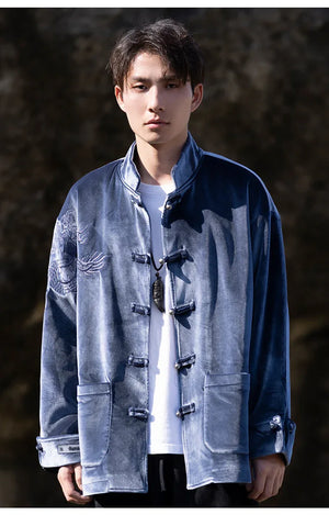 New Chinese Tang style men's button top autumn and winter coat golden velvet - Yandan_Hanfu