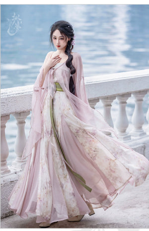 Pink Chinese style Han element dress big pendulum fish tail tattered sleeve fairy energy spring and summer suit - Yandan_Hanfu