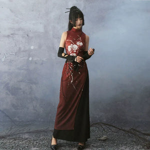 Scarlet Orchid – High-Slit Qipao Dress | Red Mandarin Collar New Chinese Style Slim Fit Gown - Yandan_Hanfu