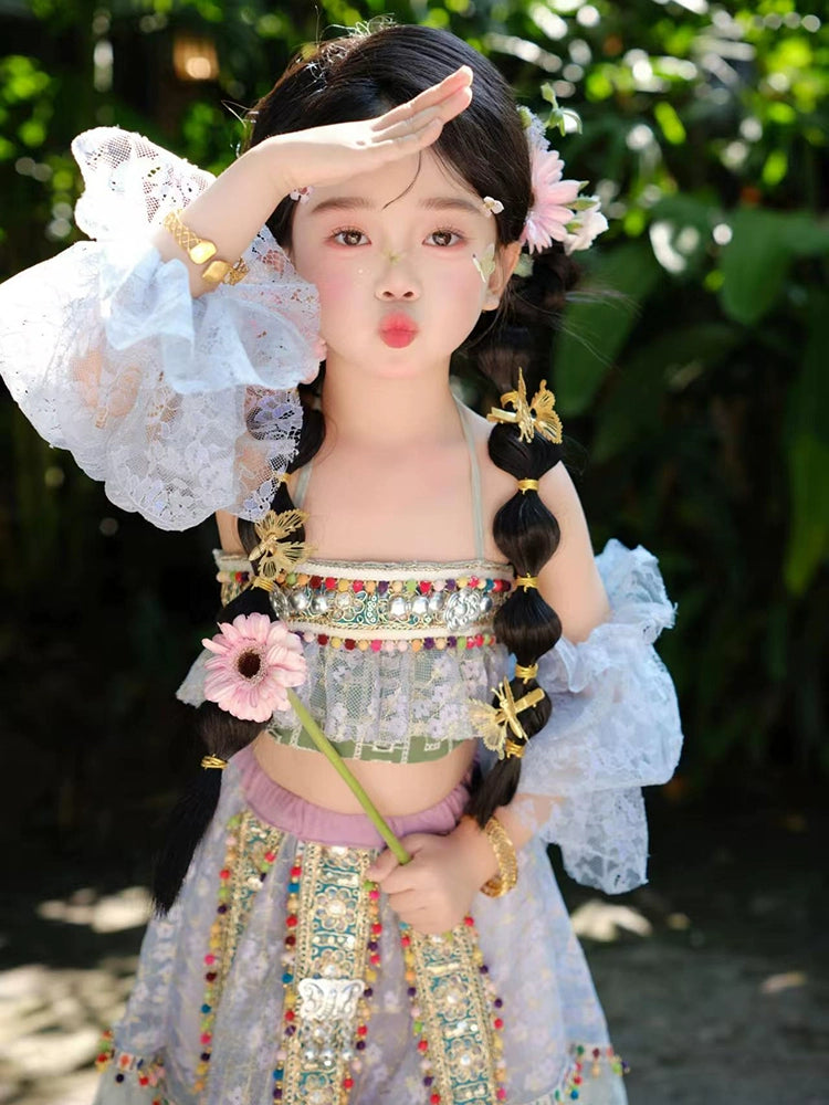 Embroidered Girls Cotton Dress with skin-friendly fabric, floral hair décor, and traditional patterns, ideal for summer children's fashion.