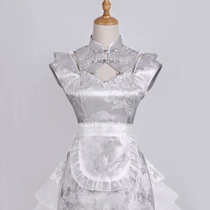 New Chinese style white Dress Cheongsam Maid Apron Short Dress Lolita - Yandan_Hanfu