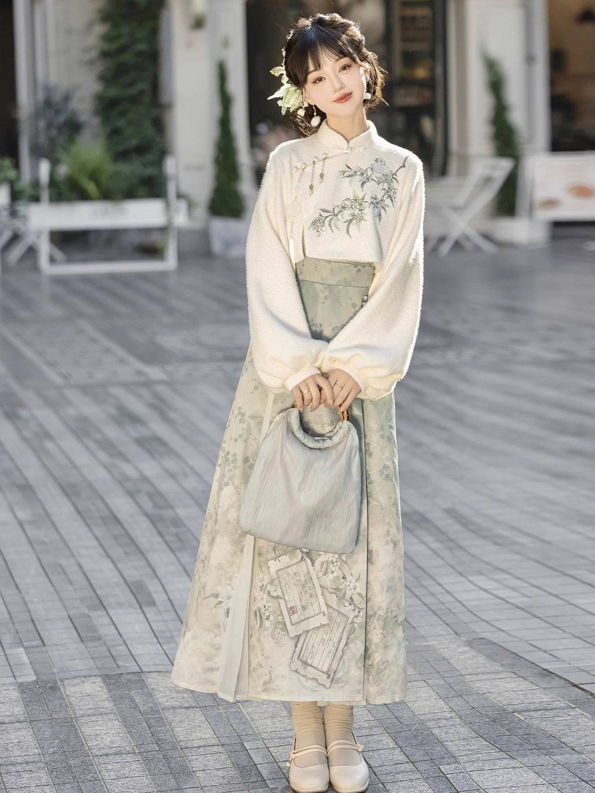 Modern Hanfu outfit by Lixiang featuring floral embroidery and flowing skirt, blending traditional Chinese style with seasonal elegance.