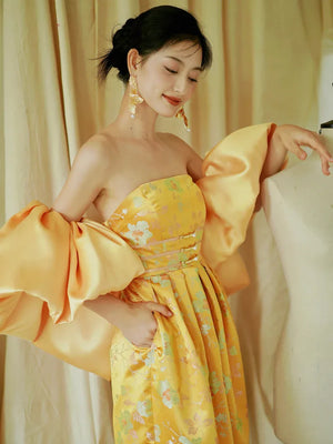 "Yunjing" yellow jacquard pregnant woman cheongsam bride toast dress - Yandan_Hanfu