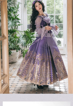 “Violet Nocturne” Brocade Hanfu Ensemble – Gold-Woven Mamian Skirt & Corset - Yandan_Hanfu