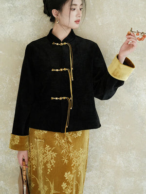 Velvet Elegance – Modern Chinese Women's Set | Black Embossed Tang-Style Jacket with Gold Skirt - Yandan_Hanfu