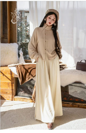 Amber Grace – Modern Hanfu Women's Autumn/Winter Set | Ming-Style Round-Collar Wool Coat with Plaid Song-Inspired Pants - Yandan_Hanfu