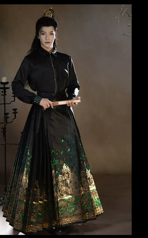 Four Divine Beasts Hanfu Set – Unisex Chinese Shirt & Brocade Horse-Face Skirt in New Style Design - Yandan_Hanfu