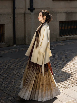 Lunar Spring River – Red Hanfu Maxi Skirt Set, New Chinese Style 6-Meter Hem Mamian Skirt with Knit Top & Wool Coat - Yandan_Hanfu