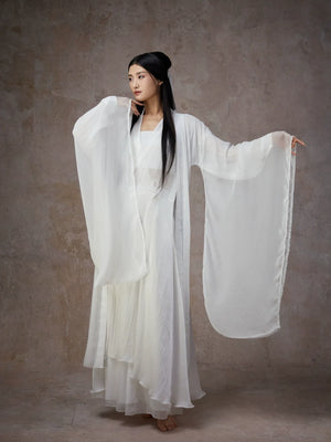 Graceful White Wide-Sleeve Chiffon Hanfu – Classical & Jazz Fusion Dance Dress - Yandan_Hanfu
