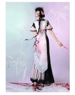 Blush Kite Qipao – Layered Faux Two-Piece Cheongsam in Modern Hanfu Style - Yandan_Hanfu