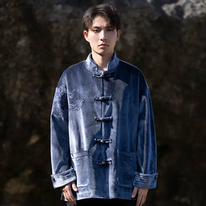 New Chinese Tang style men's button top autumn and winter coat golden velvet - Yandan_Hanfu