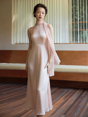 100% Acetate Mulberry Silk Modern Chinese Dress – Versatile Shawl Design, Off-Shoulder Summer Evening Gown - Yandan_Hanfu