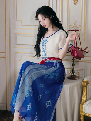 Moonlit Blossoms – Tang Dynasty Inspired Summer Hanfu with Embroidered Round Collar Top & Flowing Skirt - Yandan_Hanfu