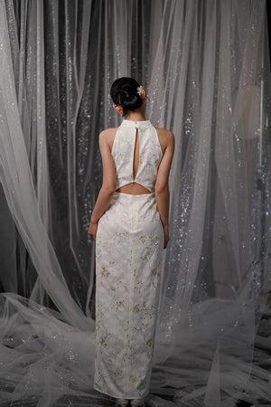 "Qianzhi" white embroidered shawl showing thin backless cheongsam bride wedding dress toast engagement - Yandan_Hanfu