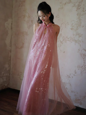 "Bella" pink sequined gauze halter dress bride - Yandan_Hanfu