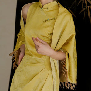 "Autumn Rhyme" Yellow Dark Pattern Cheongsam Shawl Bridal Wedding Dress Toast Dress - Yandan_Hanfu