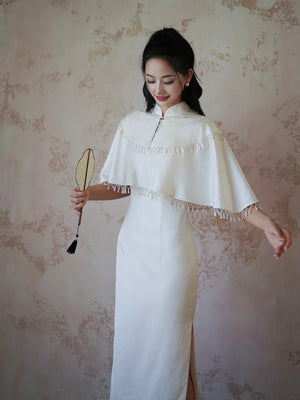 "Xi Zhu" White Dark Pattern Tassel Shawl Cheongsam Bride Wedding Dress Engagement - Yandan_Hanfu