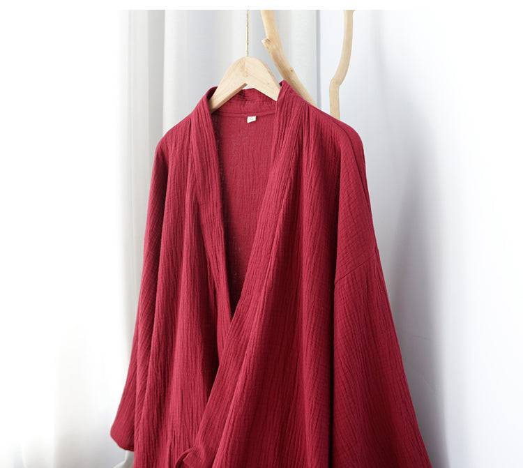 Upper section of the red summer Zen robe on hanger, showing the deep neckline and lightweight cotton fabric ideal for warm nights.