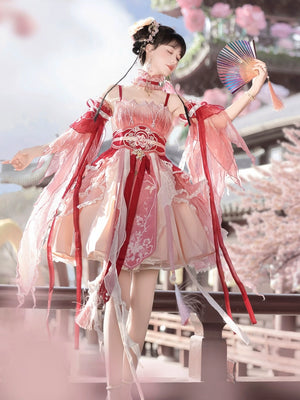 Back view of Red Hanfu Dress New Chinese Feather Rust Waist Seal Suspender Skirt with flowing chiffon and traditional fan accessory.