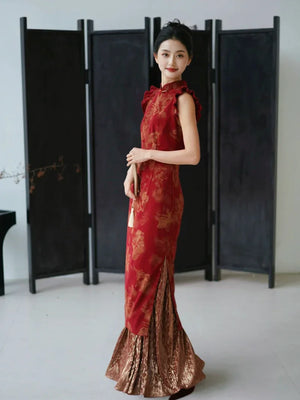 Lotus Step – Red Mermaid Qipao for Wedding, Engagement & Tea Ceremony - Yandan_Hanfu