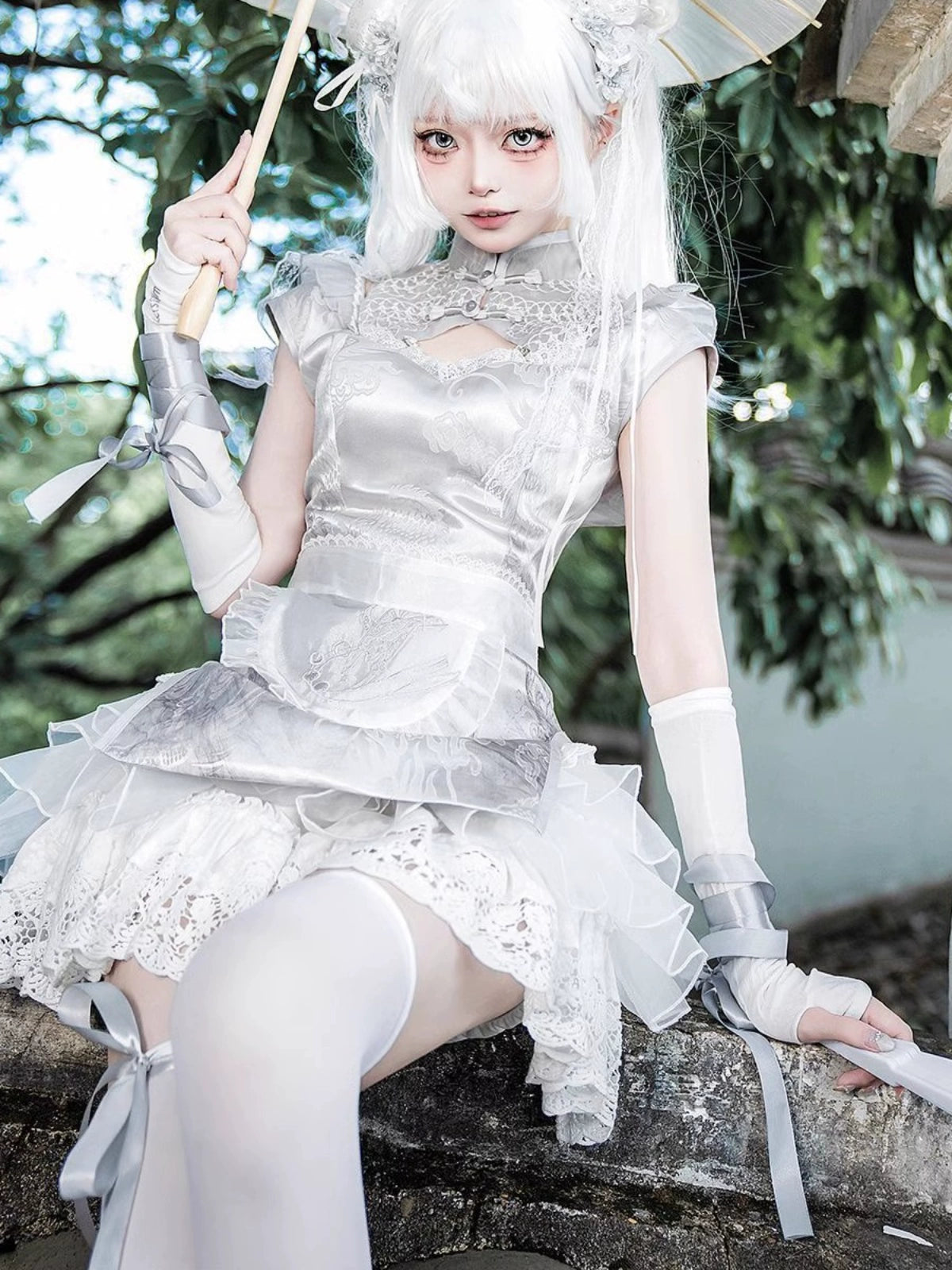 New Chinese style white Dress Cheongsam Maid Apron Short Dress Lolita