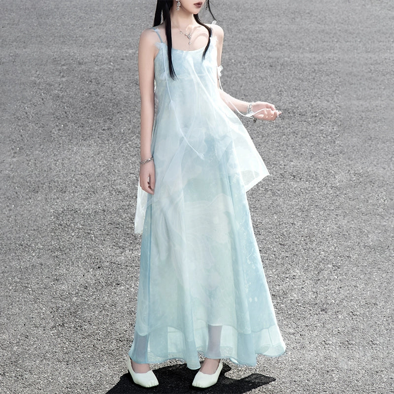 Full view of The legend of the blue sea suspender skirt, a long and versatile seaside holiday dress with a light, ethereal design.