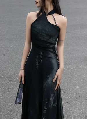 Iris Shadow – Sleeveless Grey Ombre Qipao | New Chinese Style Knitted A-Line Maxi Dress - Yandan_Hanfu