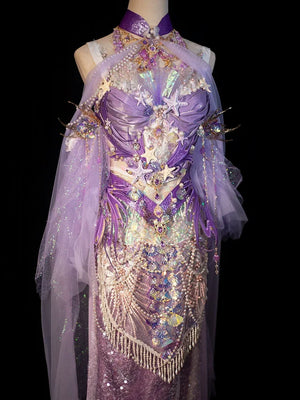 Purple Mermaid Princess Set – Handmade Ocean-Themed Corset & Tail Skirt for Beach Photography - Yandan_Hanfu