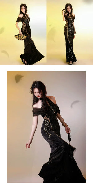 Aries Goldflow – Textured Satin Mermaid Qipao Dress from the Zodiac Collection - Yandan_Hanfu