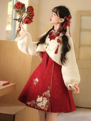 “Lucky Pony” – Red New-Year Hanfu Qipao Set | Modern Chinese Festive Outfit (Autumn/Winter) - Yandan_Hanfu