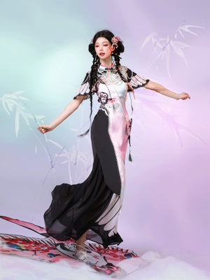 Blush Kite Qipao – Layered Faux Two-Piece Cheongsam in Modern Hanfu Style - Yandan_Hanfu