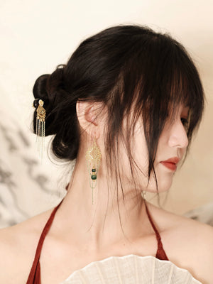 Su Mask Ear Clips - Hanfu Gold Tassel Earrings worn with elegant updo and fan, highlighting classical flower design and green chalcedony.