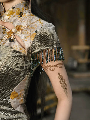 Spring Dragon Festival, Chinese national style disc buckle slim fish tail long slit cheongsam dress - Yandan_Hanfu