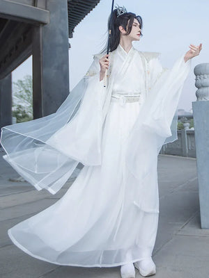 Cloud Collar Elegance – Unisex White Embroidered Modern Hanfu | Flowing Wide-Sleeve Wei-Jin Style Outfit - Yandan_Hanfu