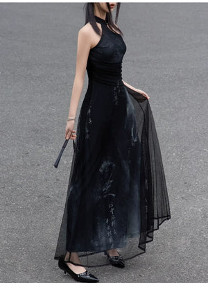 Iris Shadow – Sleeveless Grey Ombre Qipao | New Chinese Style Knitted A-Line Maxi Dress - Yandan_Hanfu