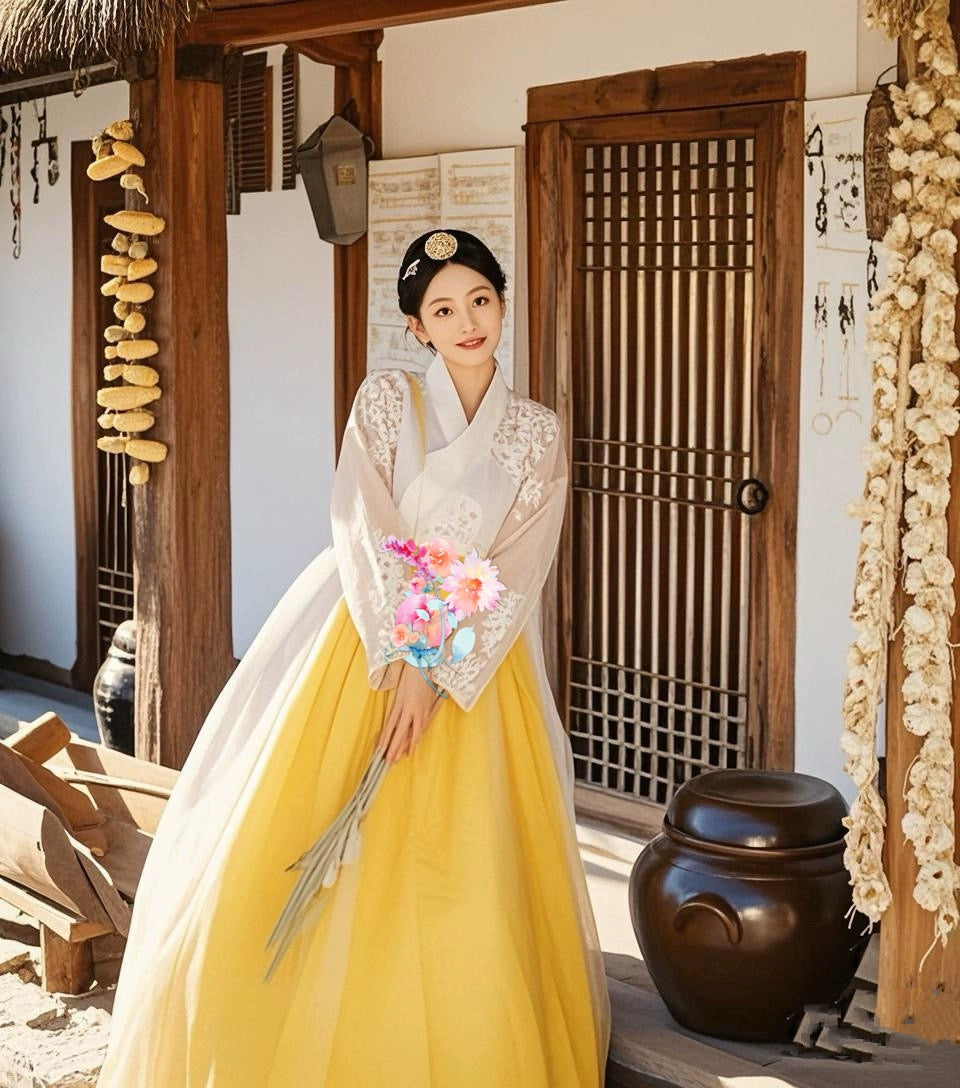 Yellow Korean female high-end genuine Yanji court hanbok with matching petticoat, displayed side-by-side for product comparison.